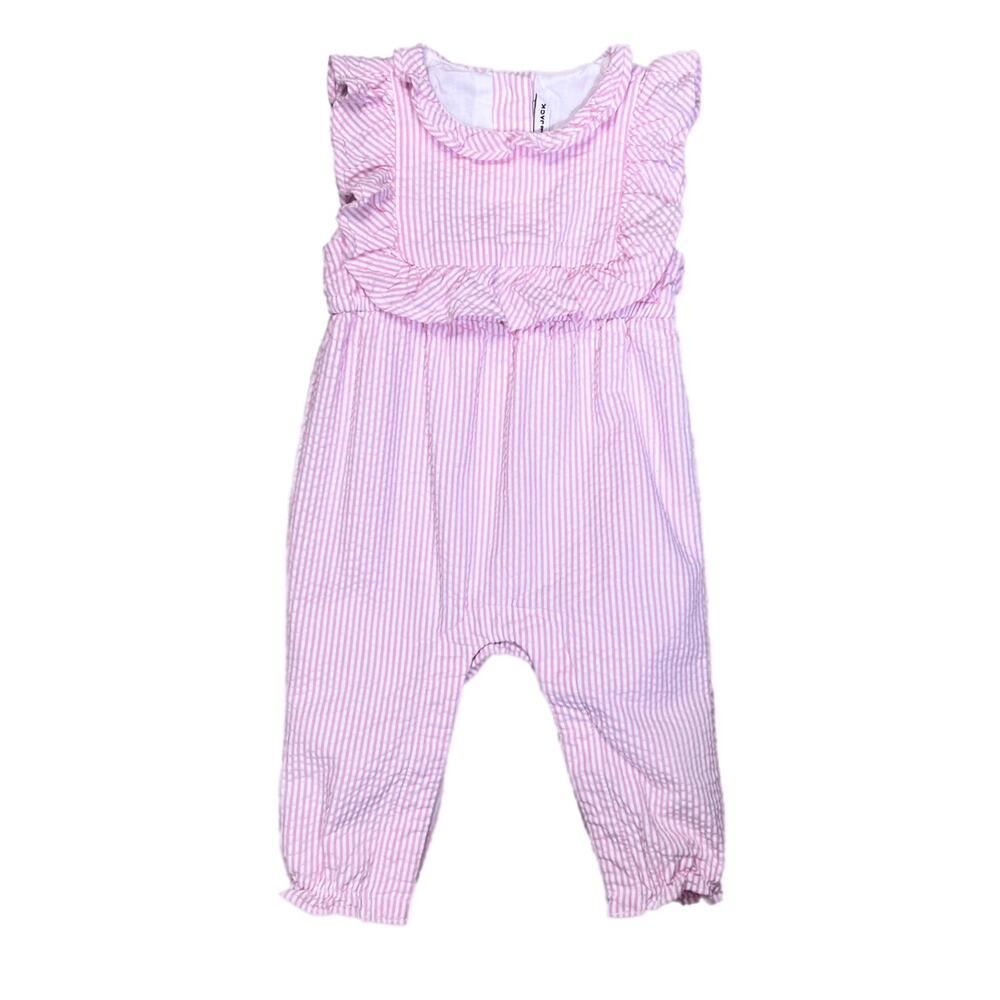 Janie and Jack Seersucker Jumpsuit Girls 3–6M Pink White Stripe Ruffle Cotton